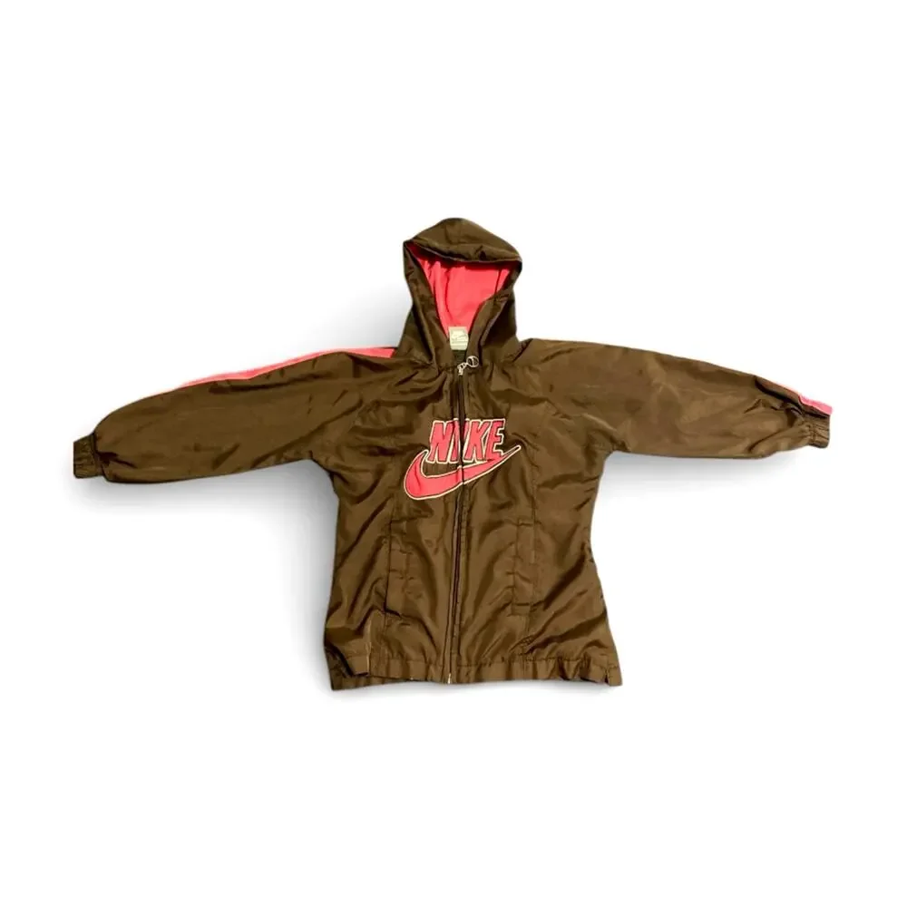 Nike Girl's Hooded Windbreaker Jacket 5 Brown Pink Front Logo Full Zip Up Coat